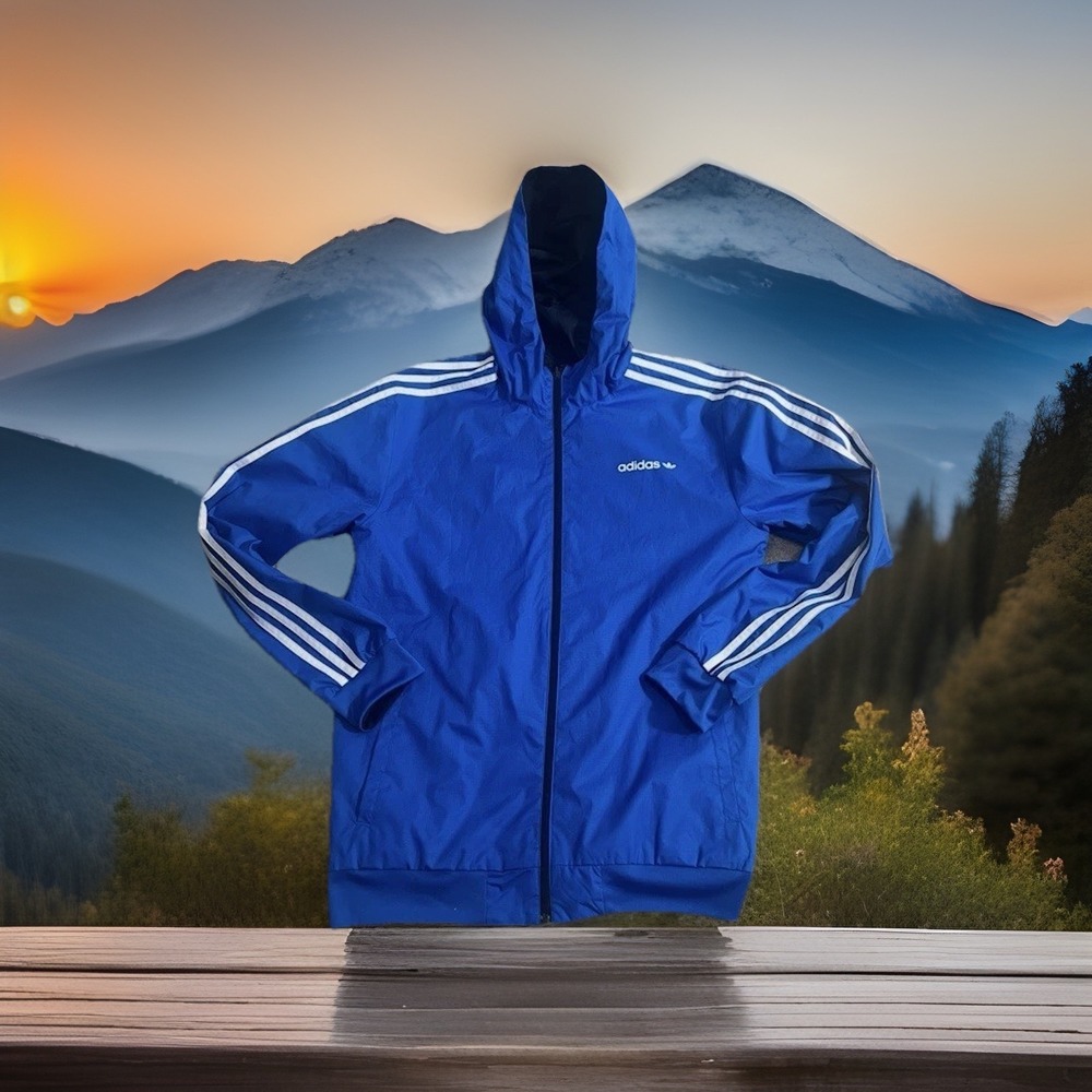 Adidas Originals Mens Blue Ripstop Hooded Windbreaker Jacket 3 Stripes Trefoil